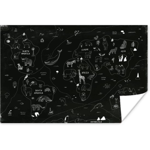 Wereldkaart - Kinderen - Zwart - Wit - 180x120 cm - Poster