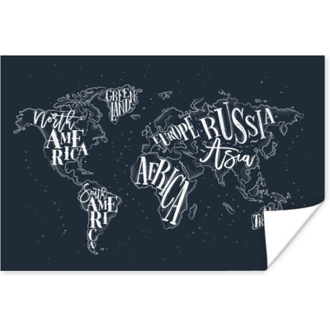 Poster Wereldkaart - Zwart - Wit - Letters - 180x120 cm XXL