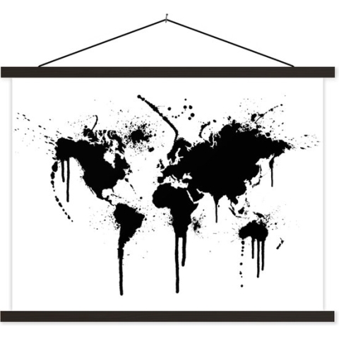 Posterhanger incl. Poster - Schoolplaat - Wereldkaart - Inkt - Zwart - 150x113 cm - Zwarte latten