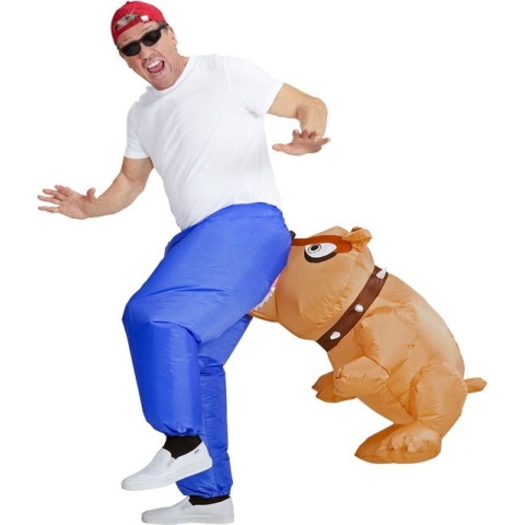 Widmann - Hond & Dalmatier Kostuum - Bil Bijtende Bulldog Opblaasbaar - Man - Blauw, Bruin - One Size - Carnavalskleding - Verkleedkleding