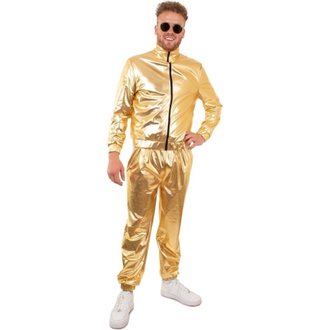PartyXplosion - Glitter & Glamour Kostuum - Gouden Metallic Retro Trainingspak Proud To Be Goud Heren - Man - goud - Medium - Carnavalskleding - Verkleedkleding - Carnaval kostuum heren