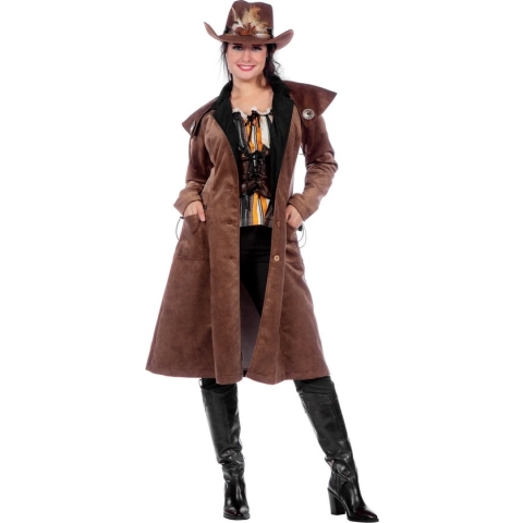 Wilbers & Wilbers - Cowboy & Cowgirl Kostuum - Jane West Bountyhunter Jas Vrouw - Bruin - Maat 36 - Carnavalskleding - Verkleedkleding