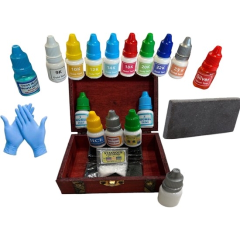 Professionele Set Toetswater Goud & Zilver SET + 9 K TEST & 23,8K TEST & STANNOUS - Nickel & kleuren goud + Toetssteen - Incl Kistje - Koningswater- Goud tester - NEDERLANDSE HANDLEIDING