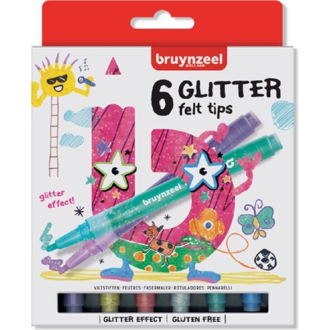 Viltstift Bruynzeel Kids glitter blister à 6 stuks assorti - 6 stuks