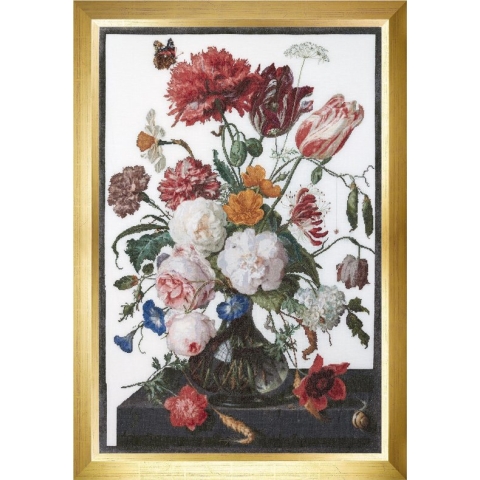 Thea Gouverneur - Borduurpakket met telpatroon - 785A - Voorgesorteerde DMC Garens - Stilleven met bloemen in een glazen vaas. Jan Davidsz. de Heem. 1650 - 1683 - Aida - 72 cm x 49 cm - DIY Kit