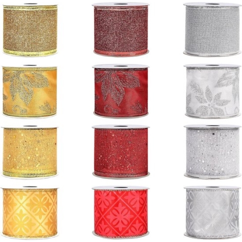 Kerstlint (12 stuks) - 2,74 m x 63 mm breed bedraad goud zilver rood organza lint in verschillende ontwerpen - decoratieve kerstboomlinten voor XMAS kerstboom decoratie strikken cadeauverpakking