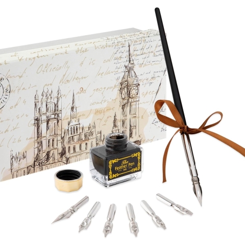 Schrijfveer, kalligrafiestift, set met 7 verschillende veren en zwarte inkt, in luxe geschenkdoos, geschikt voor schrijven, journaling en cadeau