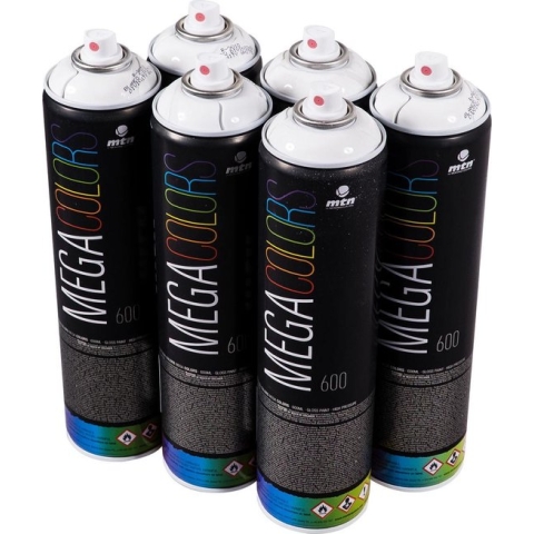 MTN Mega Colors - 6x Witte spuitbus pakket - 6 stuks 600ml spuitverf - Hoge dekking, glossy afwerking