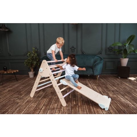 Wood and Hearts Montessori houten speeltoestel voor kinderen - klimdriehoek met glijbaan en klimwand - verstelbaar - Naturel en pastel