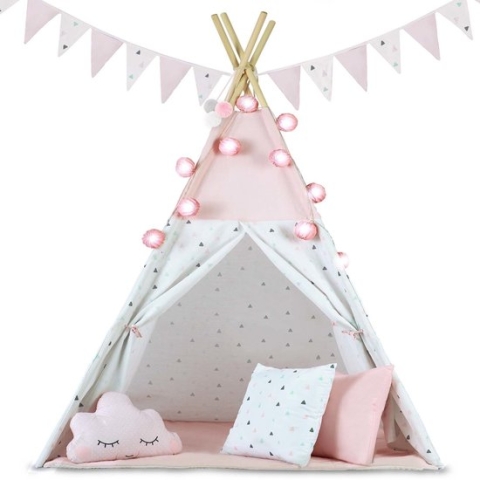 Tipi speeltent - met licht - en slingers - en kussens – roze