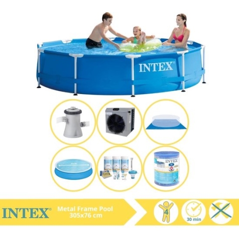 Intex Metal Frame Zwembad - Opzetzwembad - 305x76 cm - Inclusief Solarzeil, Onderhoudspakket, Filter, Grondzeil en Warmtepomp CP