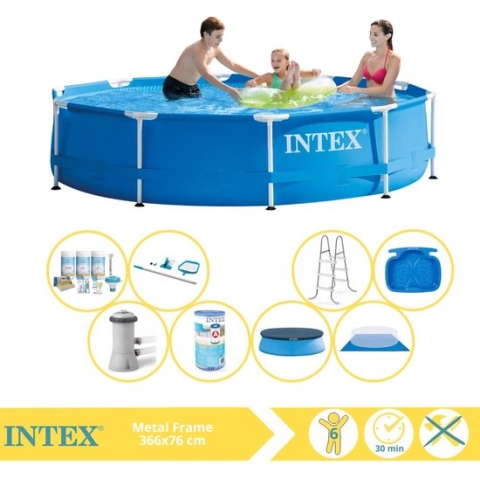Intex Metal Frame Zwembad - Opzetzwembad - 366x76 cm - Inclusief Afdekzeil, Onderhoudspakket, Filter, Grondzeil, Onderhoudsset, Trap en Voetenbad