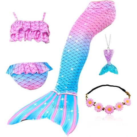 zeemeerminstaart met monovin, bikini en accessoires - Maat: 120 - 5/6 Jaar - zeemeerminstaart voor kinderen - Mermaid Staart - Zeemeermin Bikini & Staart & Accessoires - zeemeerminstaart kinderen - De Kleine Zeemeermin - Zwembad Speelgoed