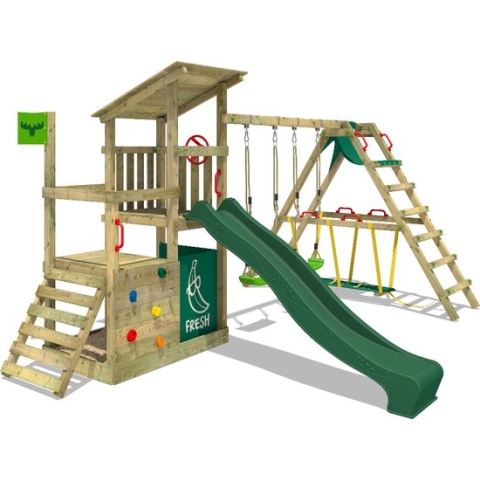 FATMOOSE speeltoestel klimtoestel FruityForest Fun XXL met surfaanbouw, schommel en groene glijbaan, outdoor kinderspeeltoestel met zandbak, ladder & speelaccessoires voor de tuin