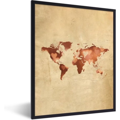 Fotolijst incl. Poster - Wereldkaart - Hart - Bruin - 60x80 cm - Posterlijst