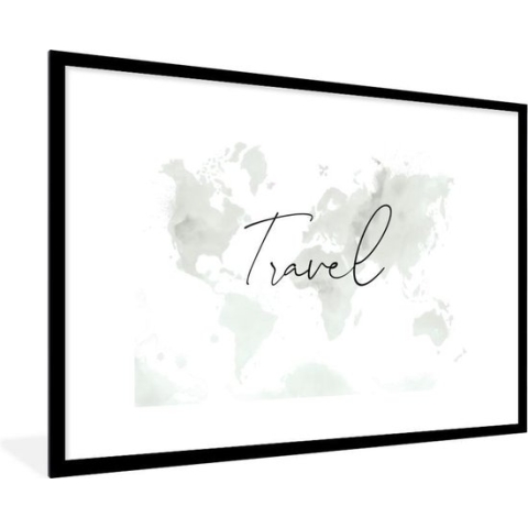 Fotolijst incl. Poster - Wereldkaart - Waterverf - Zwart - Wit - 90x60 cm - Posterlijst