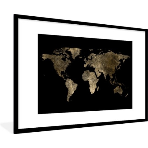 Fotolijst incl. Poster - Wereldkaart - Goud - Zwart - Aarde - Luxe - 90x60 cm - Posterlijst