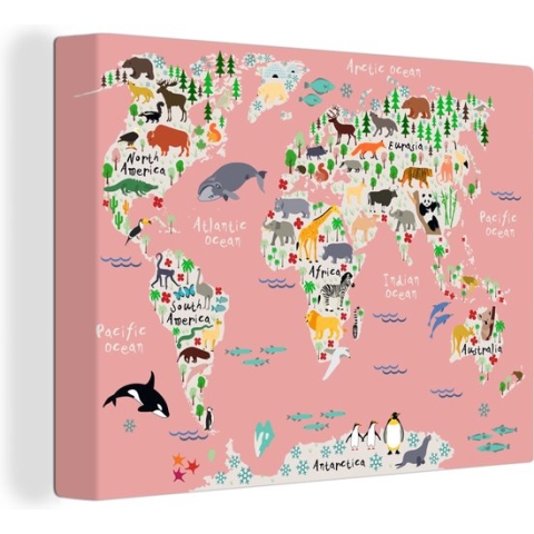 Canvas Wereldkaart - 120x90 - Wanddecoratie Wereldkaart - Kinderen - Roze - Dieren