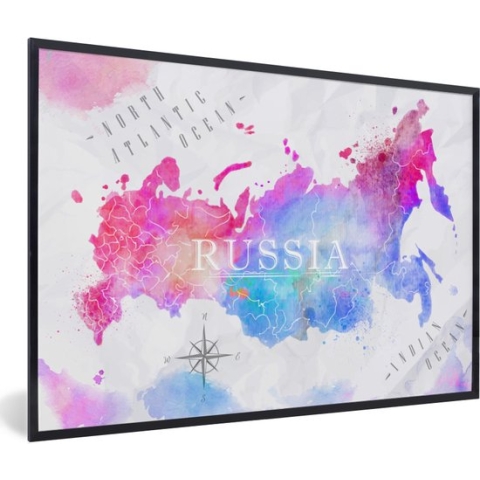 Fotolijst incl. Poster - Wereldkaart - Rusland - Waterverf - 120x80 cm - Posterlijst