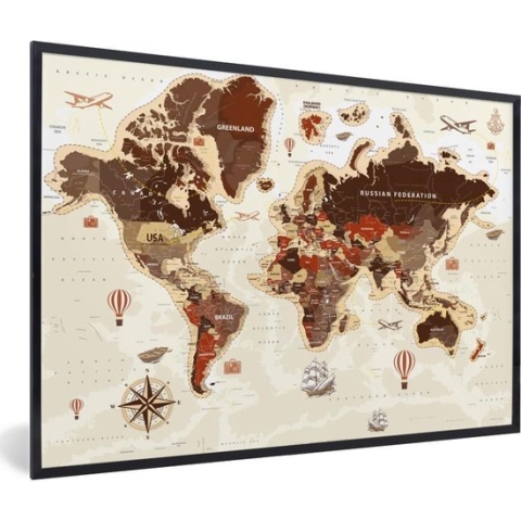 Fotolijst incl. Poster - Wereldkaart - Vintage - Kompas - 120x80 cm - Posterlijst