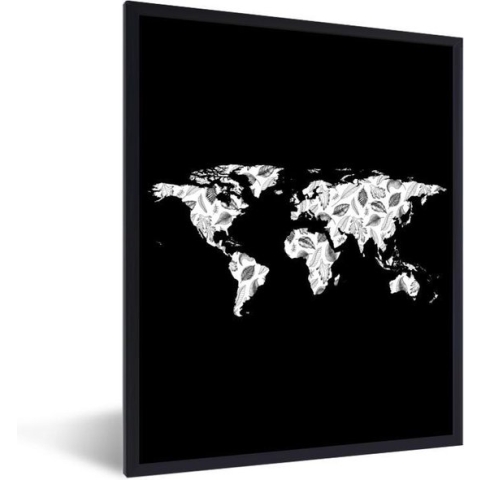 Fotolijst incl. Poster - Wereldkaart - Planten - Zwart - 60x80 cm - Posterlijst