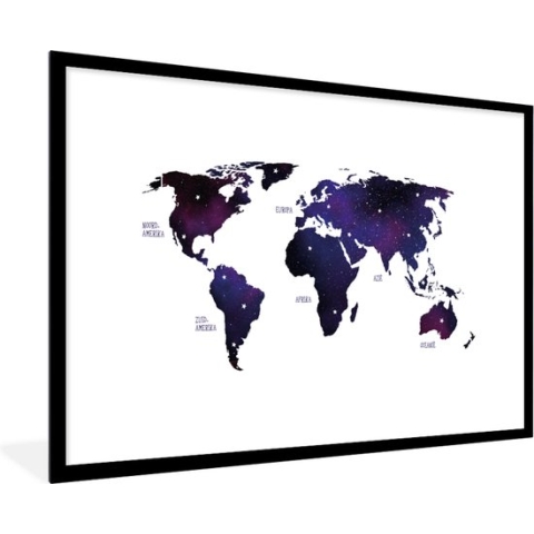 Fotolijst incl. Poster - Wereldkaart - Paars - Sterrenhemel - Kinderen - Jongens - Meisjes - 120x80 cm - Posterlijst