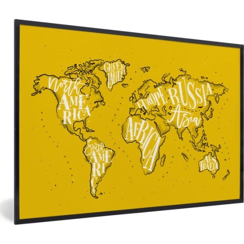 Fotolijst incl. Poster - Wereldkaart - Geel - Wit - Simpel - 120x80 cm - Posterlijst