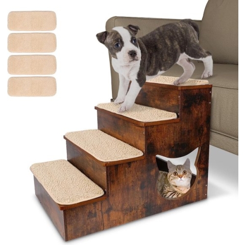 Hondentrap 4 treden, antislip kattentrap van hout voor bank, hondentrap met kattengat voor grote honden en katten, ladder tot 80 kg, 39 x 60 x 47 cm