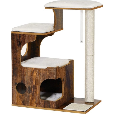 FEANDREA krabpaal 86 cm, middelgrote kattenkrabpaal met 3 ligvlakken en grot, krabpaal van MDF met houtfineer, sisalstam, wasbare pluche kussens, vintage bruin-wit PCT70HW