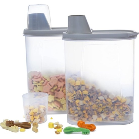 Set van 2 hondenvoer, opslag, luchtdichte diervoedercontainers met maatbeker, schenktuit, voederdispenser voor kattenvoer, vogelvoer, 2,3 l, grijs