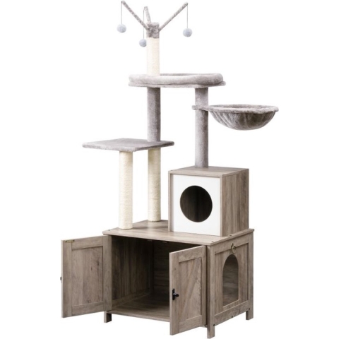 Signature Home catty Krabpaal met kattenbak - kattenbakkast - kattenhuis met deur en slot - krabpalen met Hangmat Mand Katten Huis - kattenbakmeubel verborgen - alles-in-één kattenspeelgoed met kattenhuis - grijs - 60cm X 150cm X 48cm