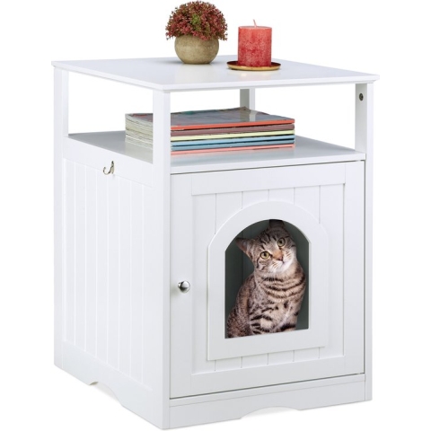 Relaxdays kattenbak ombouw - witte kattenkast - indoor kattenhuis - kattenmeubel toilet