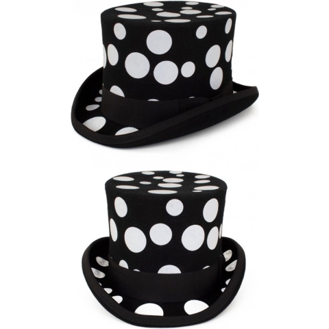 Hoge hoed wolvilt zwart met witte bollen maat 59 - carnaval zwart wit optocht thema feest black and white