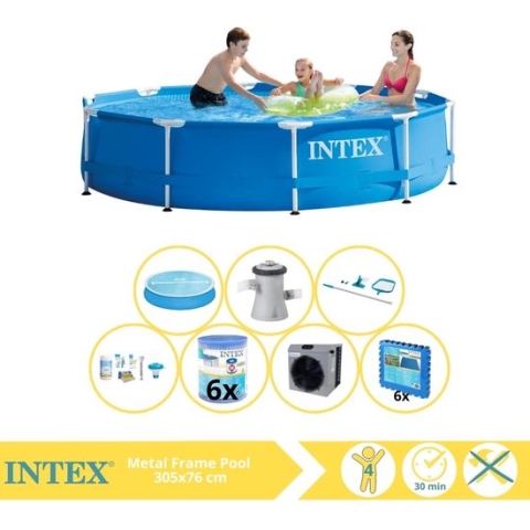 Intex Metal Frame Zwembad - Opzetzwembad - 305x76 cm - Inclusief Solarzeil, Onderhoudspakket, Filter, Onderhoudsset, Zwembadtegels en Warmtepomp CP