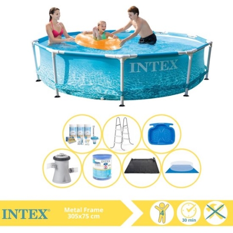Intex Beachside Metal Frame Zwembad - Opzetzwembad - 305x76 cm - Inclusief Onderhoudspakket, Filter, Grondzeil, Solar Mat, Trap en Voetenbad