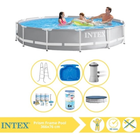 Intex Prism Frame Zwembad - Opzetzwembad - 366x76 cm - Inclusief Afdekzeil, Onderhoudspakket, Filter, Trap en Voetenbad