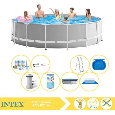 Intex Prism Frame Zwembad - Opzetzwembad - 457x122 cm - Inclusief Onderhoudspakket, Filter, Stofzuiger en Voetenbad