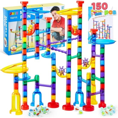 JOYIN Kogelbanen, 150 stuks labyrint-ballen, Marble Run, constructiespeelgoed, STEM educatief speelgoed (100 stuks van transparante kunststof + 50 glazen ballen)