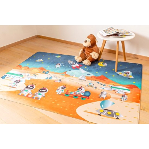 Kindertapijten.be - Planeet Speeltapijt met Ufo's - 130x180cm - Ultrazacht - Anti-slip - Wasbaar - Speelkleed / Speelmat / Vloerkleed Kinderen / Kinderkamer Tapijt / Speelmat / Speelhoek / Speelgoedtapijt / Speelmatten / Groot Speelkleed
