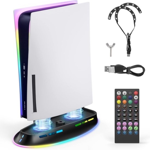Equivera Playstation 5 Standaard Met Ventilator - PS5 Houder - PS5 Stand - RGB LED Strip - Incl. Afstandsbediening