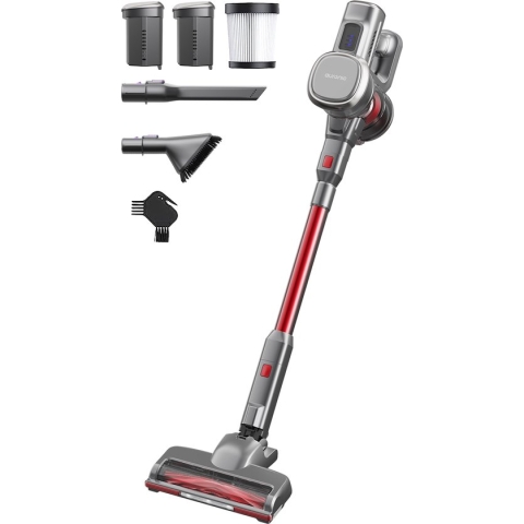 Auronic Steelstofzuiger - Draadloos - Zonder Zak - Op Accu - Zelfstaand - 220 W - Extra Batterij - Grijs/Rood