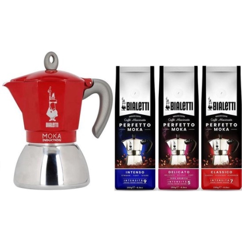 Bialetti Moka Inductie Rood - 6-kops - 150ml + Bialetti Koffie Proefpakket 3 x 250gr