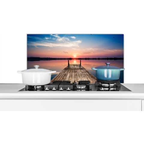 Spatscherm Keuken - Kookplaat Achterwand - Spatwand Fornuis - 90x45 cm - Steiger - Water - Zonsondergang - Roze - Horizon - Aluminium - Wanddecoratie - Muurbeschermer - Hittebestendig