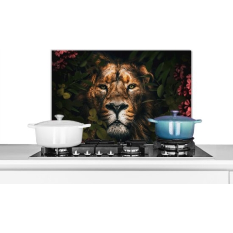Spatscherm Keuken - Kookplaat Achterwand - Spatwand Fornuis - 60x40 cm - Jungle - Leeuw - Bloemen - Planten - Aluminium - Wanddecoratie - Muurbeschermer - Hittebestendig