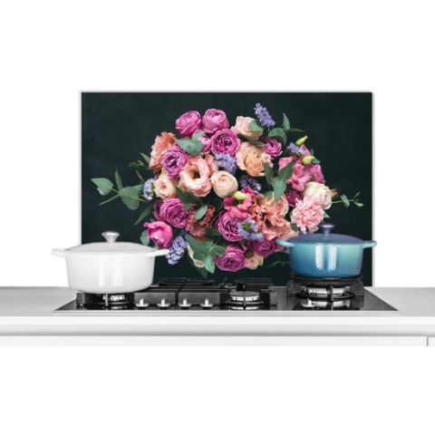 Spatscherm Keuken - Kookplaat Achterwand - Spatwand Fornuis - 90x60 cm - Bloemen - Pastel - Roze - Aluminium - Wanddecoratie - Muurbeschermer - Hittebestendig