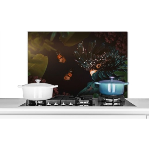 Spatscherm Keuken - Kookplaat Achterwand - Spatwand Fornuis - 90x60 cm - Jungle - Vogel - Vlinder - Bloemen - Aluminium - Wanddecoratie - Muurbeschermer - Hittebestendig