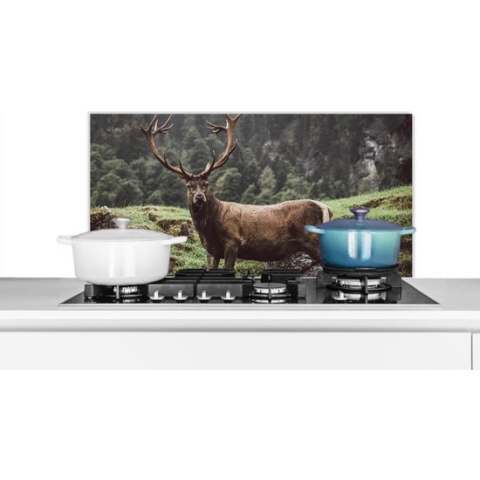 Spatscherm Keuken - Kookplaat Achterwand - Spatwand Fornuis - 90x45 cm - Hert - Boom - Berg - Aluminium - Wanddecoratie - Muurbeschermer - Hittebestendig