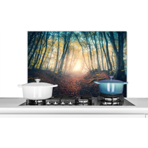 Spatscherm Keuken - Kookplaat Achterwand - Spatwand Fornuis - 90x60 cm - Bos - Mist - Zon - Herfst - Aluminium - Wanddecoratie - Muurbeschermer - Hittebestendig