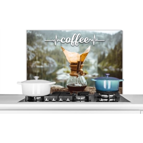 Spatscherm Keuken - Kookplaat Achterwand - Spatwand Fornuis - 90x60 cm - Coffee - Quotes - Koffie - Spreuken - Aluminium - Wanddecoratie - Muurbeschermer - Hittebestendig