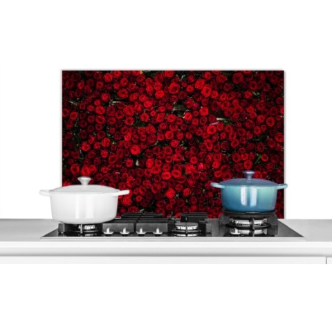 Spatscherm Keuken - Kookplaat Achterwand - Spatwand Fornuis - 90x60 cm - Bloemen - Rozen - Rood - Aluminium - Wanddecoratie - Muurbeschermer - Hittebestendig